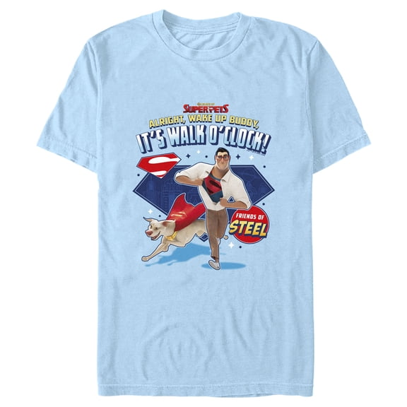Men's DC League of Super-Pets Superman and Krypto Walk O'Clock Graphic Tee Light Blue 3X Large