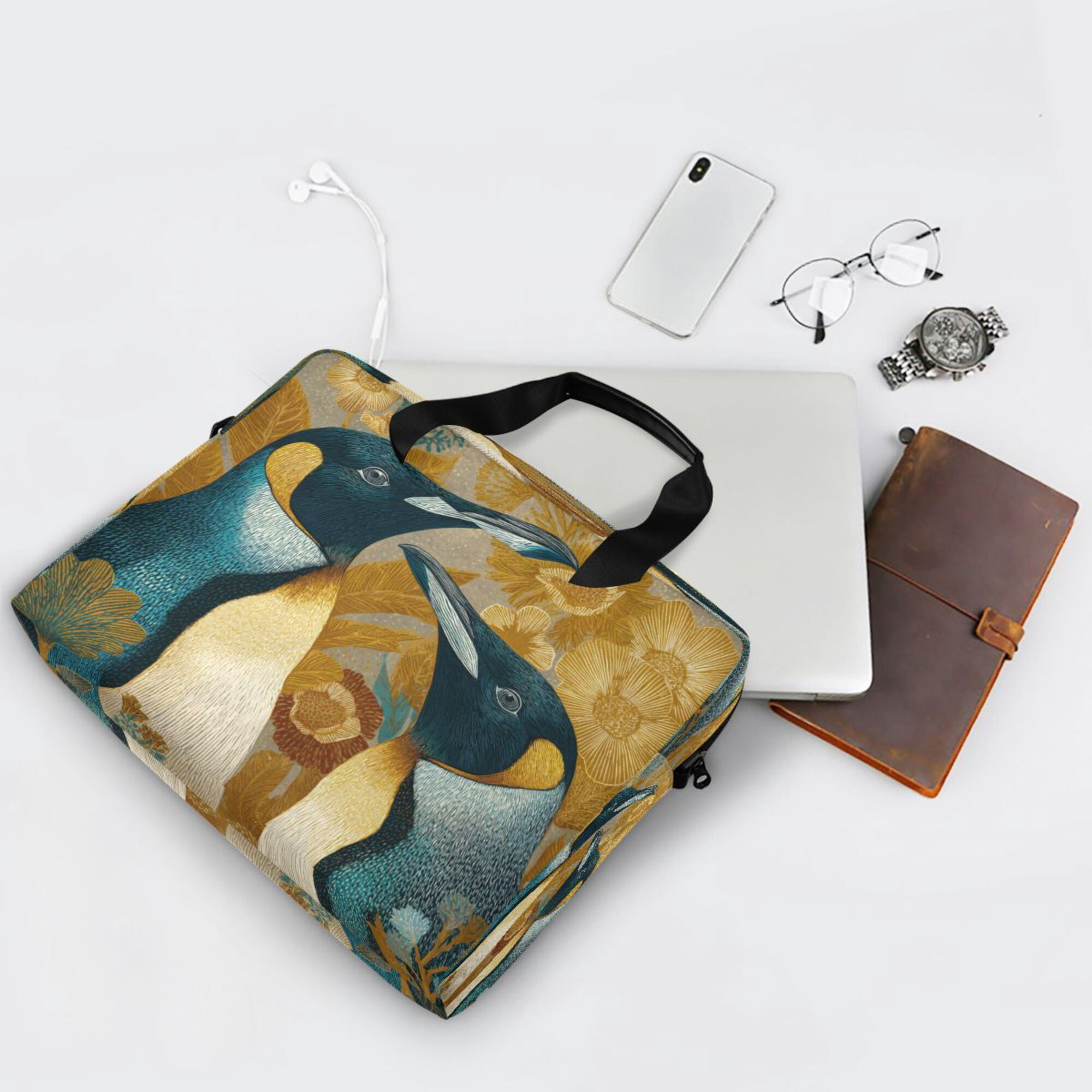 16" Laptop Briefcase, Detachable Anti-Slip Shoulder Strap, Multi-Compartment Work Travel Bag Two Penguins