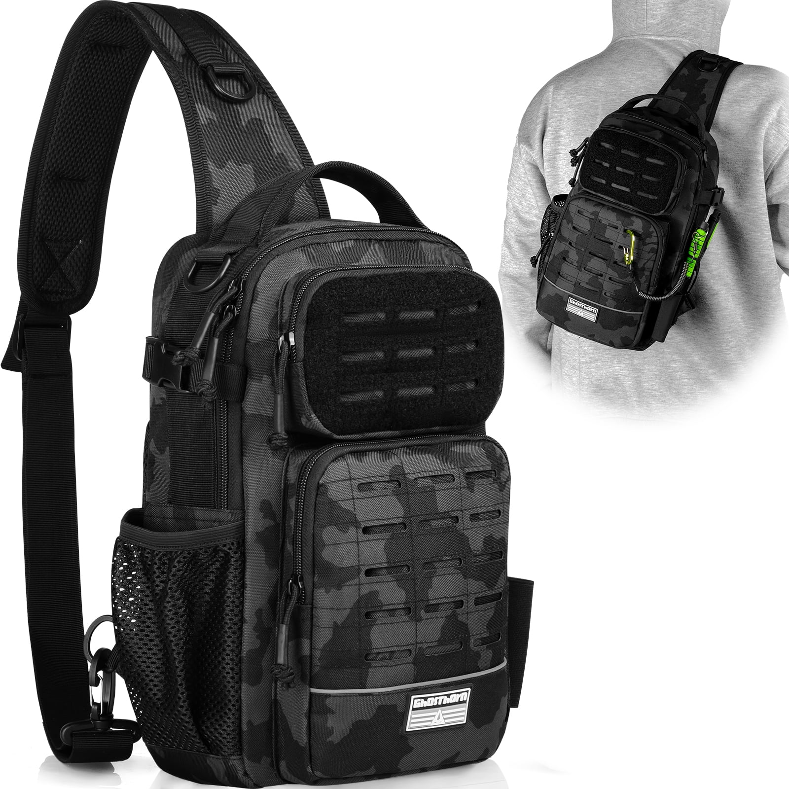Ghosthorn Fishing Backpack Tackle Sling Bag - Lightweight Sling Tackle Storage Bag with Bait Box - Fishing Backpack with Rod Holder