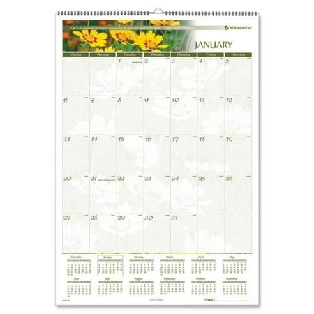 At-A-Glance Floral/Quote Wirebound Wall Calendar - One Page Per Month, 15-1/2 X 22-3/4 in, Monthly, 12 Months, Jan - Dec, White