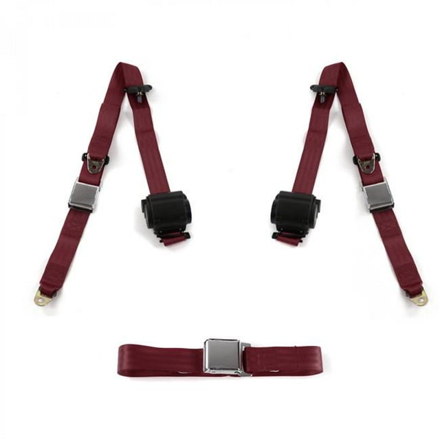 Triumph TR2, 3 1953-1961 Airplane 3 Point Burgandy Retractable Bench Seat Belt Kit - 3 Belts