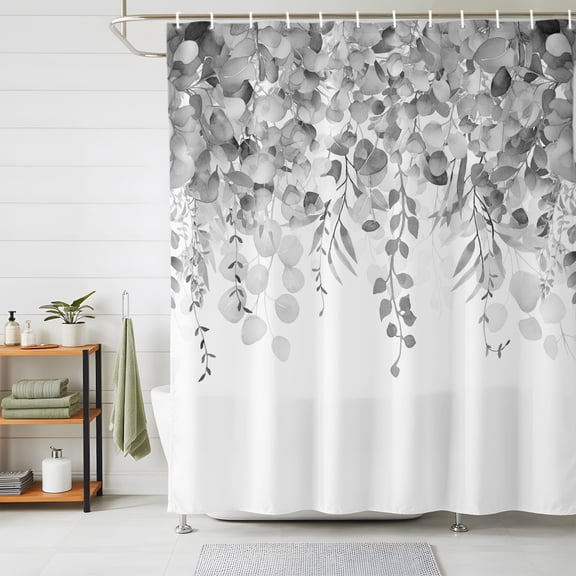 Shower Curtains for Bathroom, Grey Botanical Waterproof Fabric Shower Curtain, Weeping Eucalyptus Leaves Watercolor Decorative Bathroom Curtain for Bathtub, 72"x78", No Hooks Included