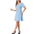 thumbnail image 4 of Vestido de punto A-line con textura de manga corta y media tapeta en V para mujer estilo chic, color azul cielo, 4 of 6