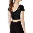 thumbnail image 5 of haxmnou womens short sleeve full sequin sparkle tops glitter short sleeve party shirt crop top blouse black l, 5 of 8