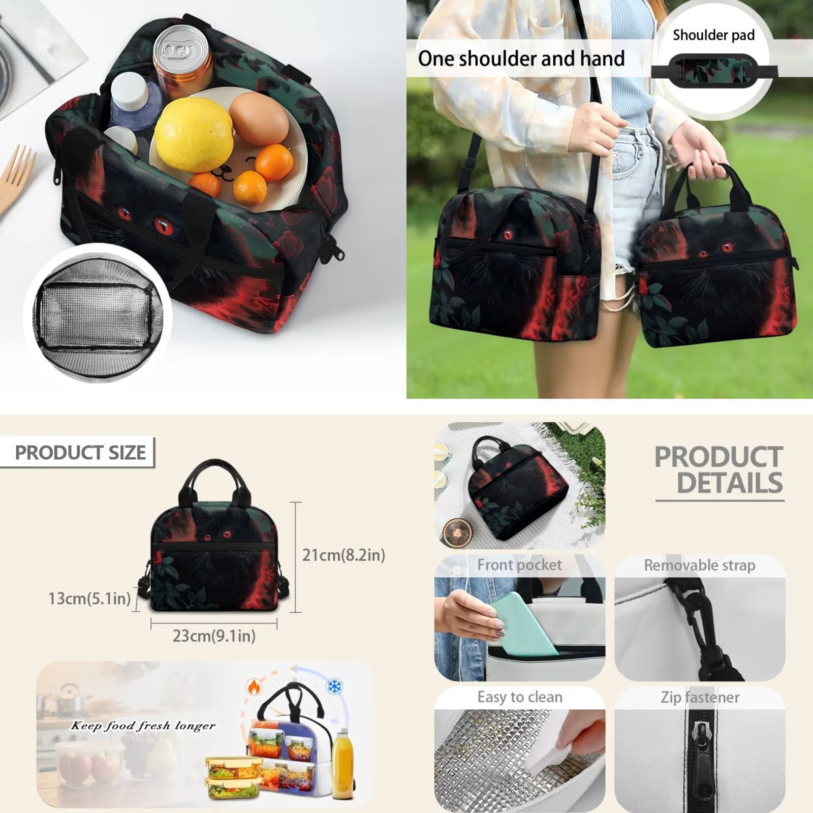 XYZCANDO Black Cat 5Pcs Boys Backpack Set with Lunch Box Pen Bag 2 Piece Bookmark Cool Style Bookbag with Compartments for High School Teens