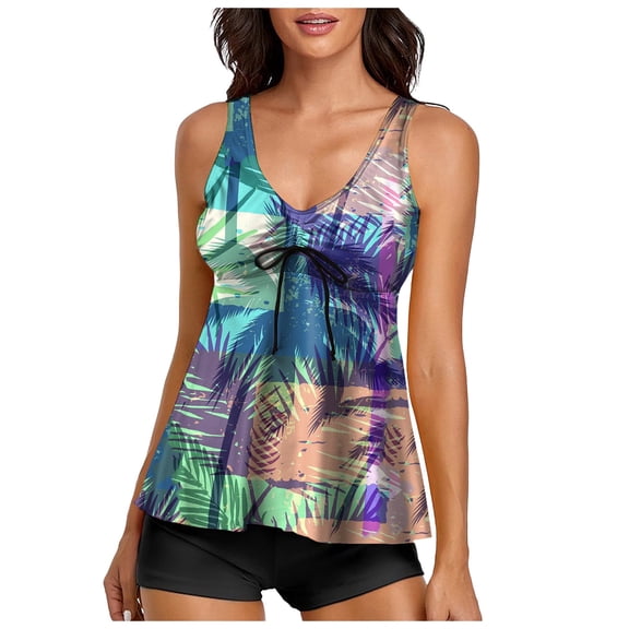 GEWSEY Women's Tankini Bathing Suits Tankini Swimsuits Graphic Swim Tank Top with Boyshorts Ladies Swimwear Light Blue, XL