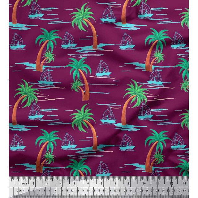 Soimoi Poly Georgette Fabric Palm Tree & Sailboat Beach Print Sewing Fabric Yard 52 Inch Wide