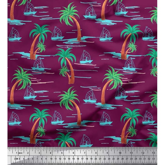 Soimoi Polyester Crepe Fabric Palm Tree & Sailboat Beach Print Fabric by The Yard 42 Inch Wide