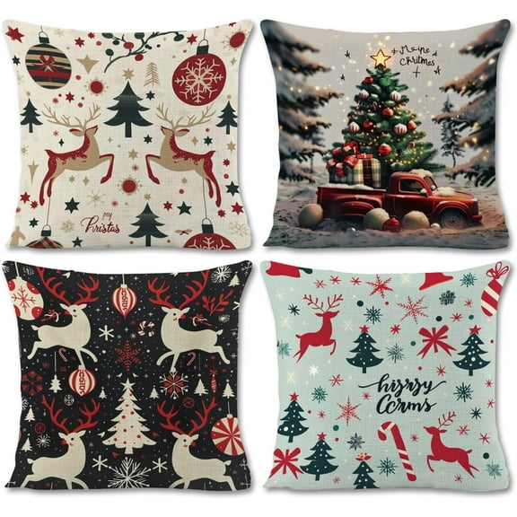 Christmas Decorations Christmas Throw Pillow Covers 18 x 18 Inches Set of 4 - Xmas Series Cushion Pillow Cover Custom Zippered Square for Farmhouse Home and Sofa Christmas Decorations