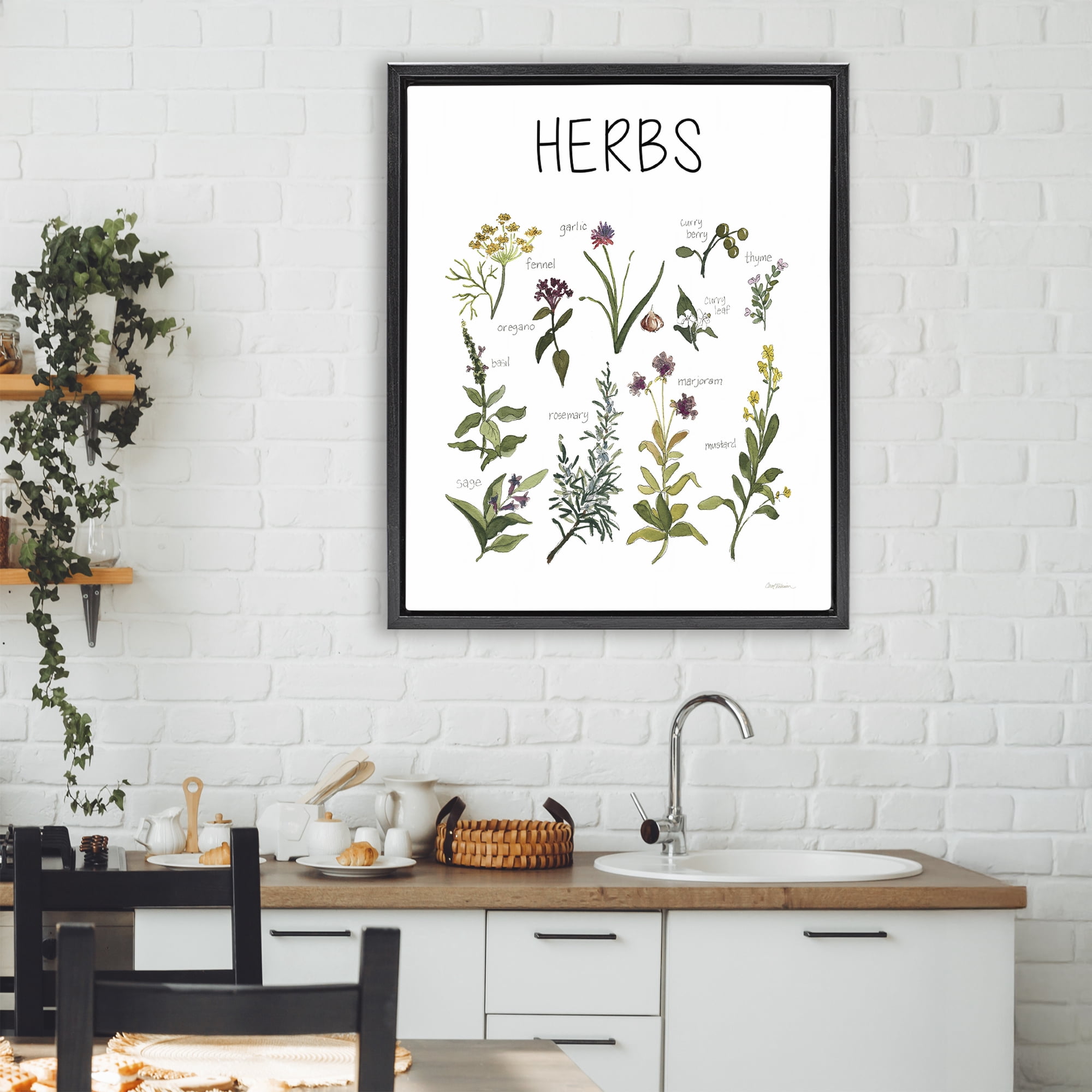 Stupell Industries Herbs Identification Chart Black Framed Floater Canvas Wall Art, design by Carol Robinson
