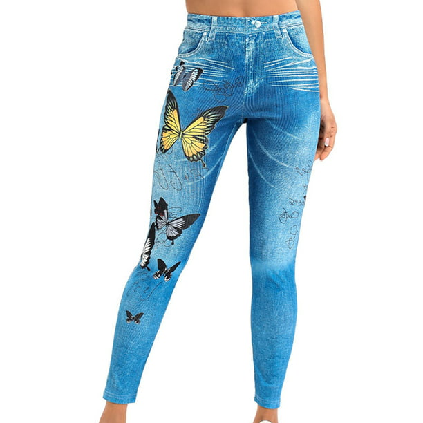 MAWCLOS Ladies Oversized Faux Denim Pant Butterfly Print Fake Jeans Tummy  Control Plus Size Leggings Full Length Yoga Elastic Waisted Pencil Pants