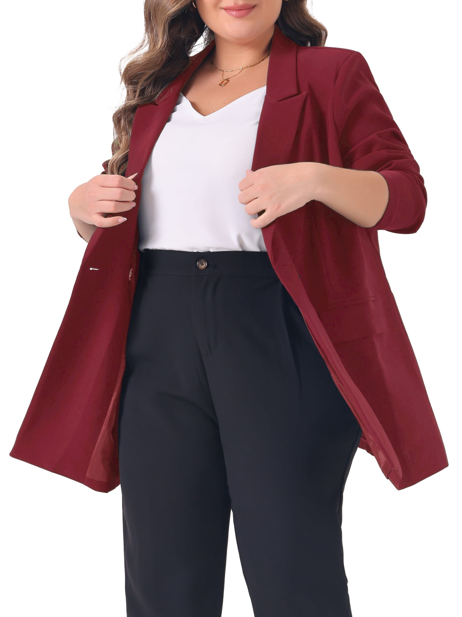DARING DIVA Women's Plus Lapel Button with Pocket Jackets Long Blazer 2X Burgundy