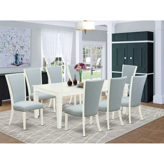 East West Furniture East-West Furniture LGVE9-LWH-15 - A modern dining table set of 8 wonderful parson chairs with Linen Fabric Baby Blue color and a beautiful dining table with Linen White color