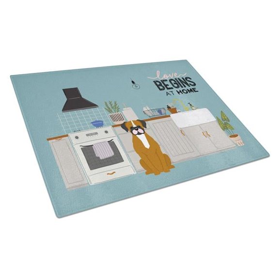 Flashy Fawn Boxer Kitchen Scene Glass Cutting Board Large