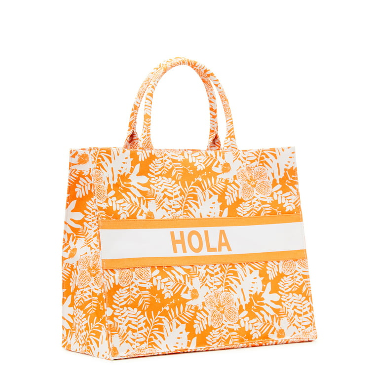 No Boundaries Women's Hola Canvas Print Beach Tote Handbag, Orange Sherbet  