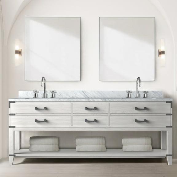 White Oak Double Bath Vanity 84 In. X 22 In., Marble Top, Faucet, 36 Mirrors 84" W 22" D, Oak, Topped, Faucet ,