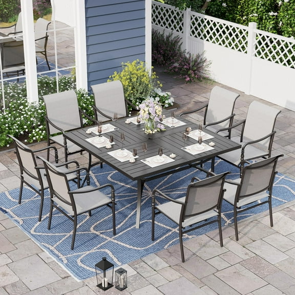 Alpha Joy Outdoor Patio Dining Set with 60" Square Metal Table & Textilene Chairs Furniture Set for 8