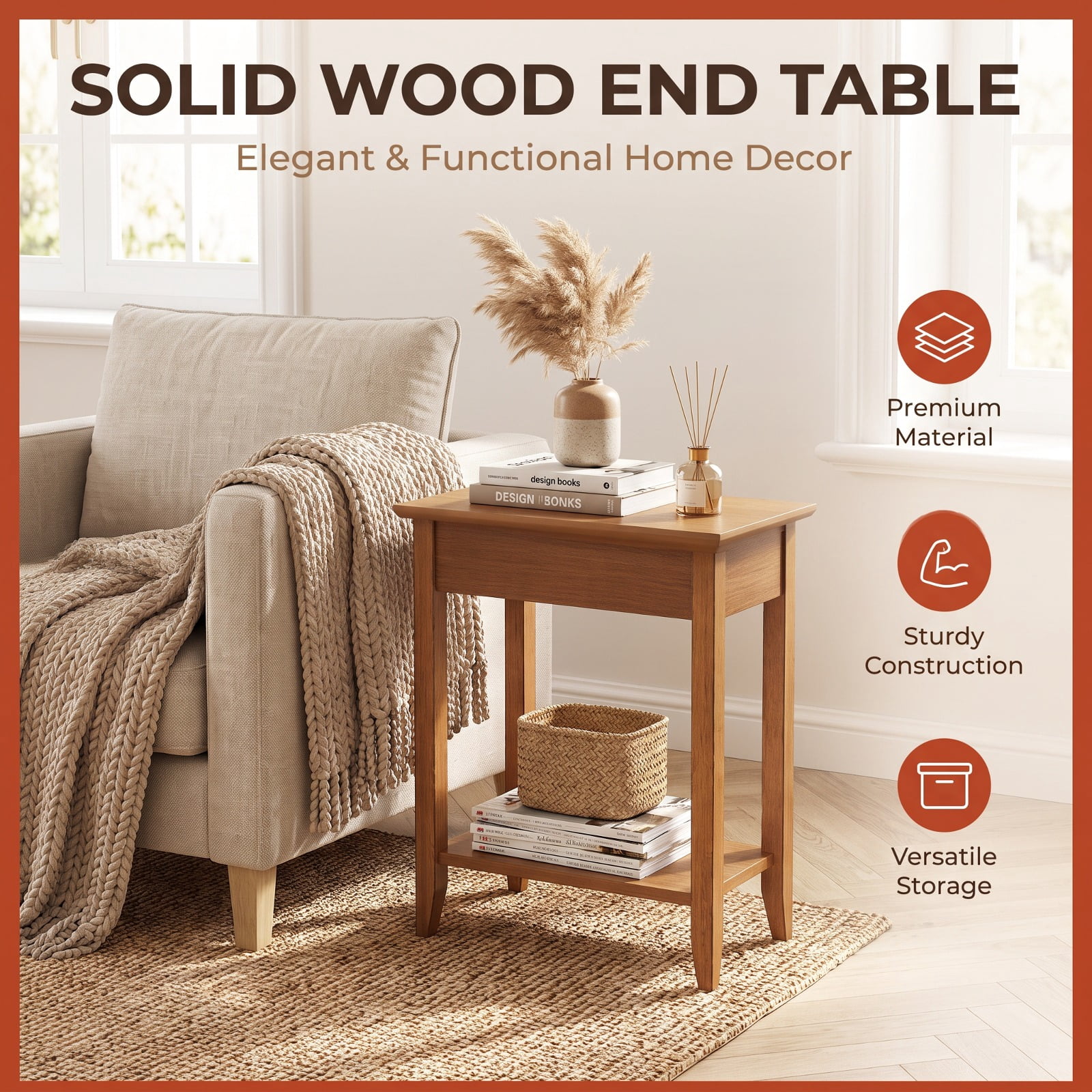 Furnibear 2 Tier Wedge Narrow End Table with Storage Shelf and Solid Rubber Wood Legs for Small Spaces and Sofa Side, Walnut