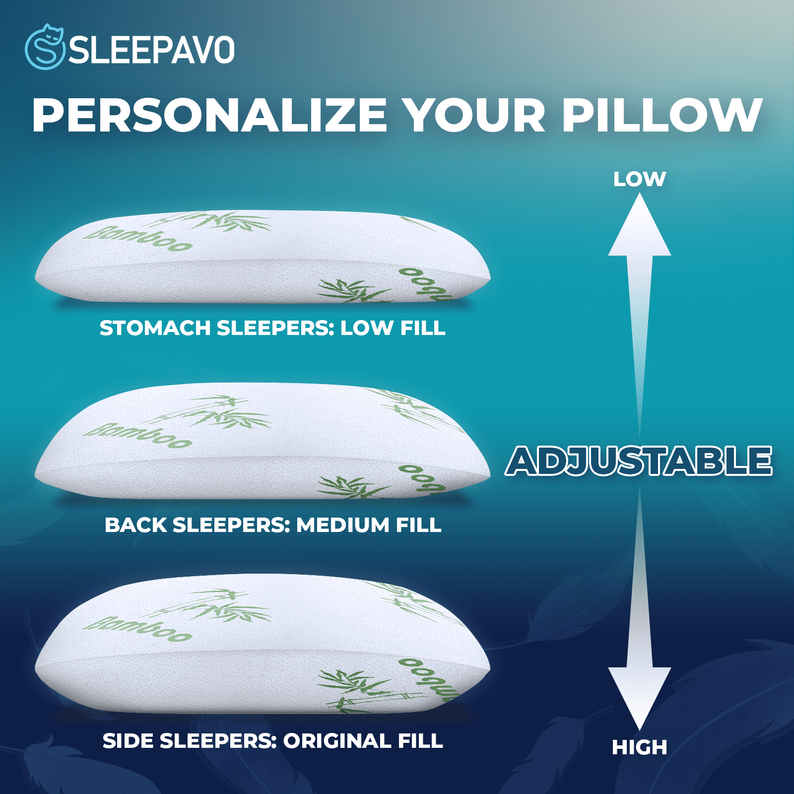 Sleepavo Adjustable Cooling Pillows Queen Size Set of 2 - Extra Soft Shredded Memory Foam Best Pillows for Sleeping - Back, Stomach, Side Sleeper Firm, Comfy Cool - 2 Pack, Rayon Derived from Bamboo