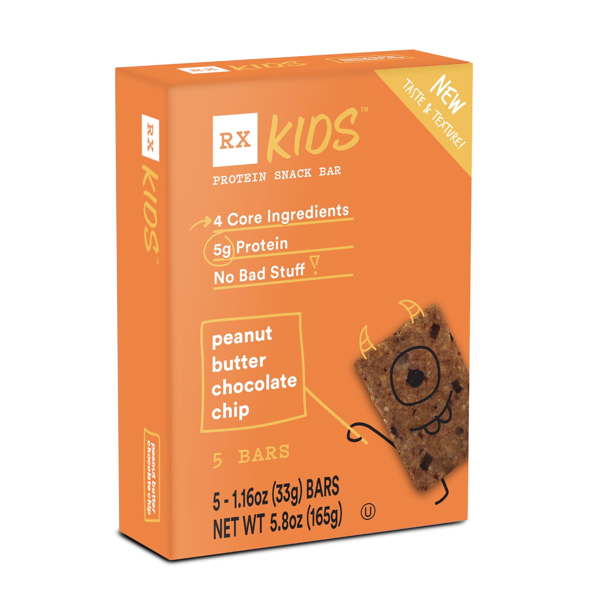 RX Kids Peanut Butter Chocolate Chip Protein Snack Bar, Gluten Free, 5