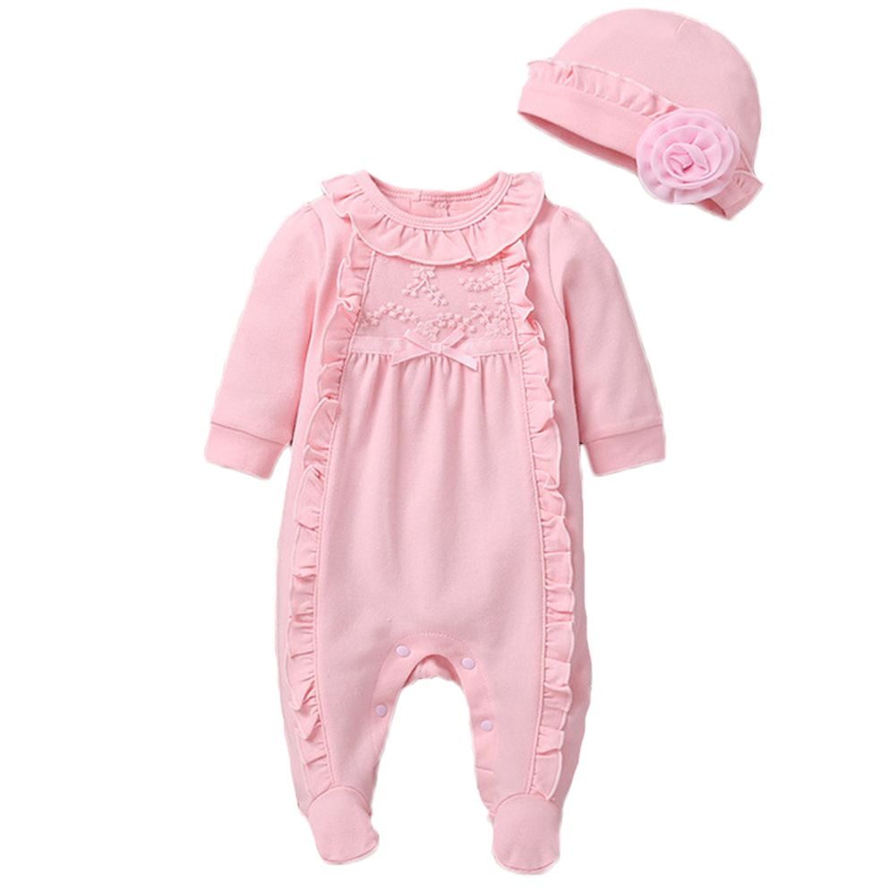 Infant Baby Girl Ruffled Cotton Footies Footed Overall Sleepwear with Hat Toddler Baby Footed