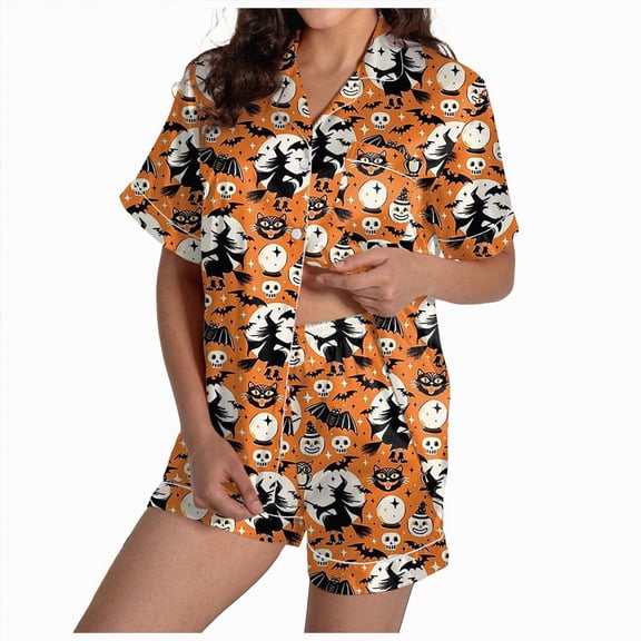 UngA Spooky Pajamas Women Womens Silk Satin Pajamas Set Short Sleeve Sleepwear Button Down Loungewear 2 Piece Pjs Shorts Set Orange,L