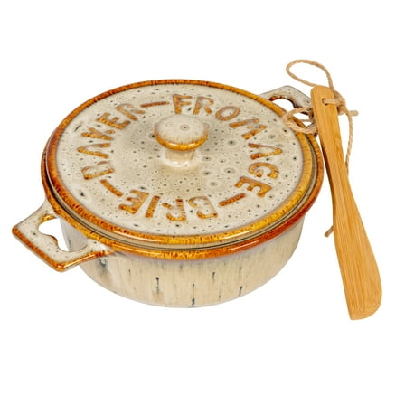 Creative Co-Op 9 Inches Stoneware Brie Baker with Bamboo Canapé Spreader Knife and Reactive Glaze Design, Brown and Tan