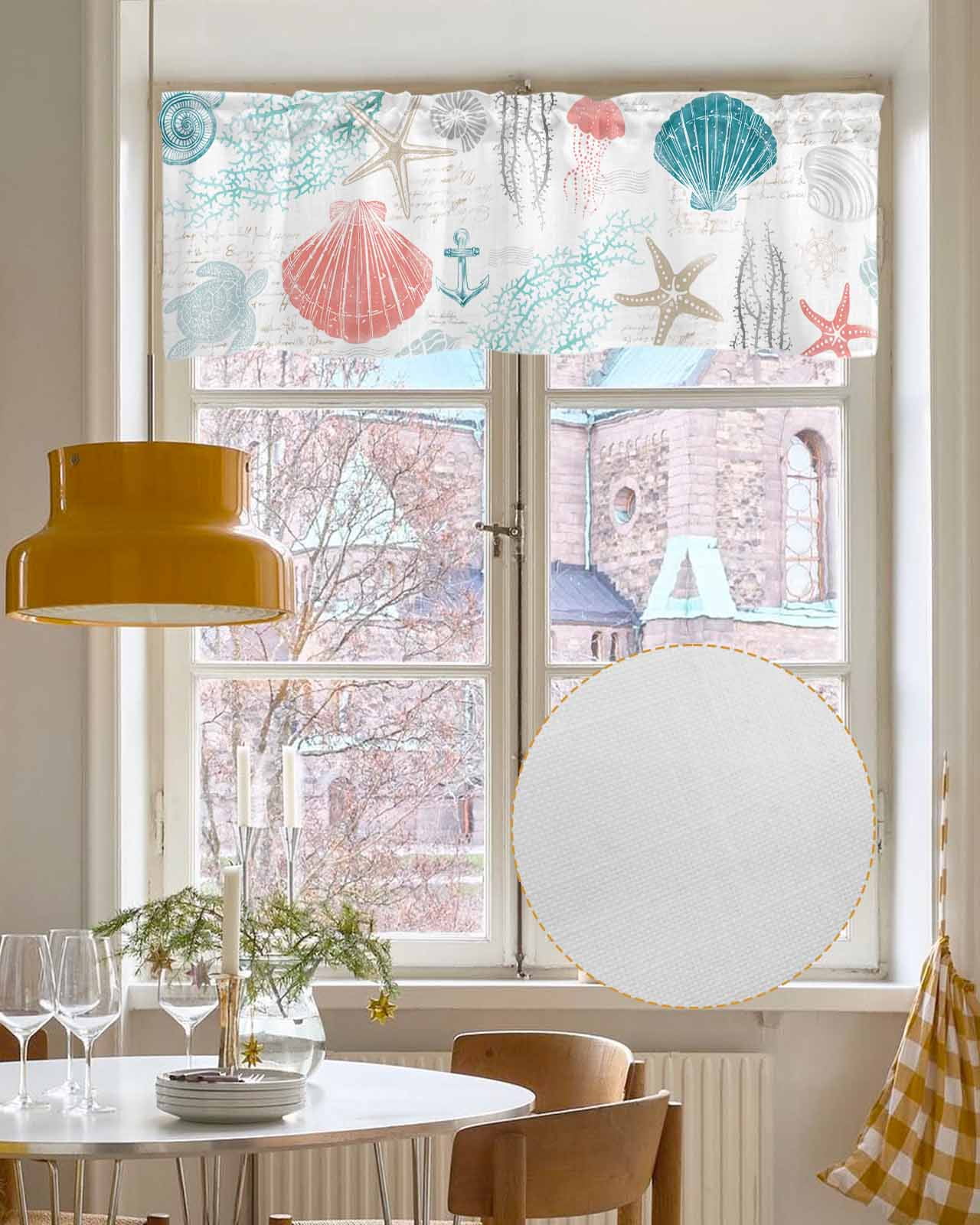 Coastal Coral Red Linen Curtain Valance for Bedroom/Bathroom/Kitchen/Living/Dining Room Window,Nautical Ocean Turtle Teal Starfish Conch Pocket Topper Drapes Decorative Cafe Drapery Panel 42"x18"