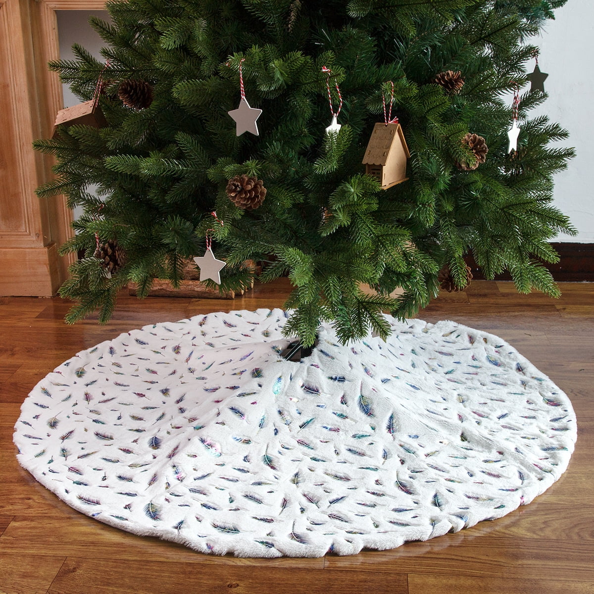 Anyingkai Christmas Tree Skirt,Christmas Tree Skirt White,Christmas Tree Skirts,Fur Xmas Tree Skirt,White Fur Xmas Tree Skirt,Velvet Christmas Tree Skirt White snowflakes, 90cm