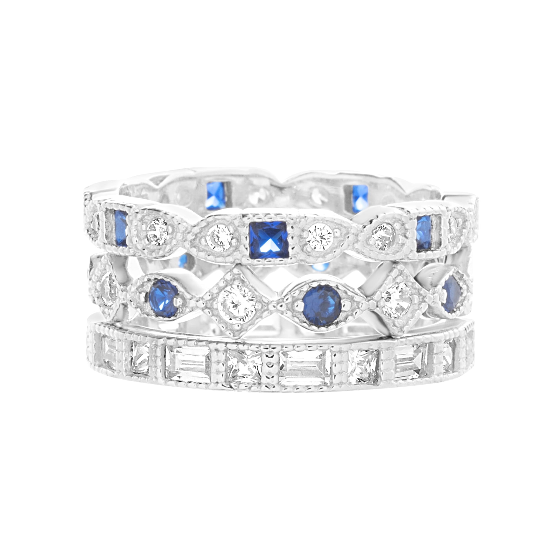 Baby Rings with CZ Sterling Silver Rhodium Plated Vintage Style Blue Sapphire 