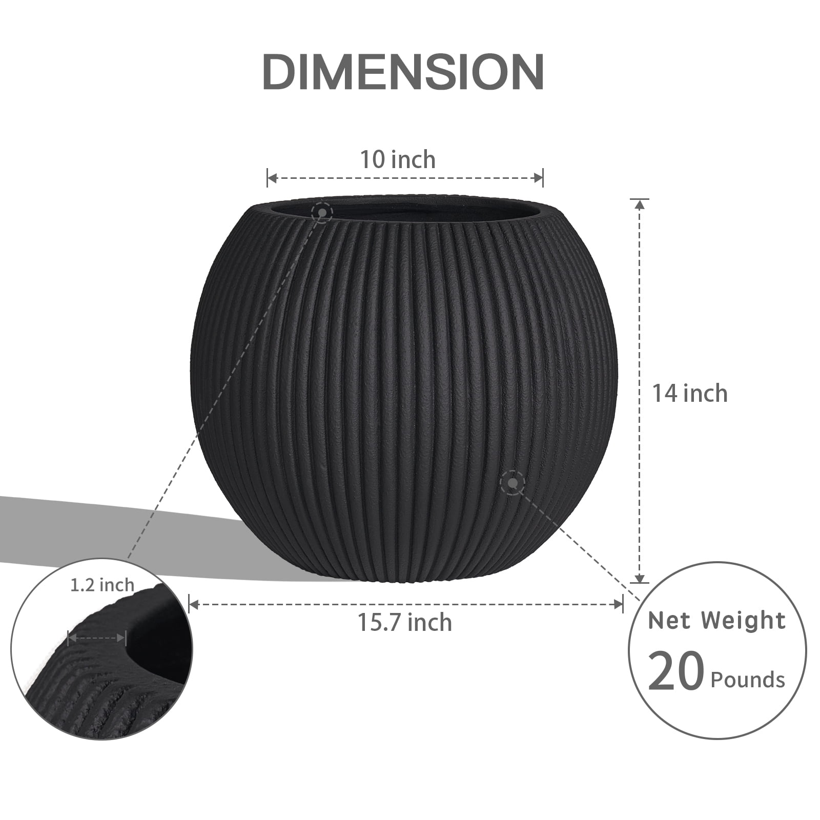 TerraDeco 16 Inch Handmade Concrete Outdoor Planter - Classic Striped Design | Fiberglass & Composite Material | Durable for Commercial & Home Decor