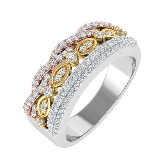 1/2 Carat Diamond Tri Color Wedding Band Ring in 10K White Gold, Yellow Gold & Rose Gold (Ring Size 7.5)