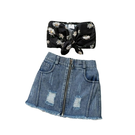 

2 Pcs Baby Kids Suit Set Toddler Little Girls Daisy Print Sleeveless Strapless Tops+ Ripped Denim Skirt