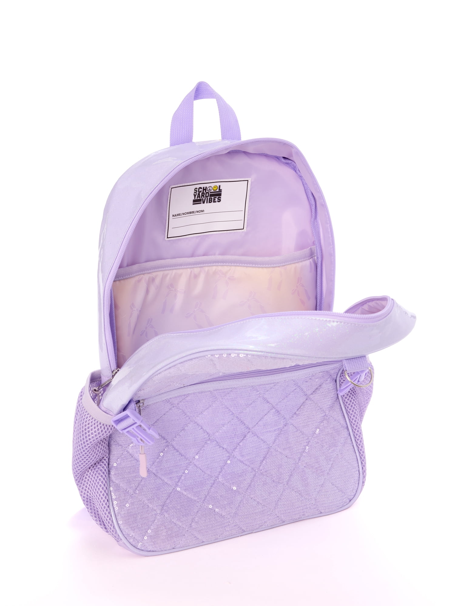 Schoolyard Vibes 17" Girls' Sequin Bow 3-Piece Kids Backpack Set with Headphones & Lunch Box, Purple