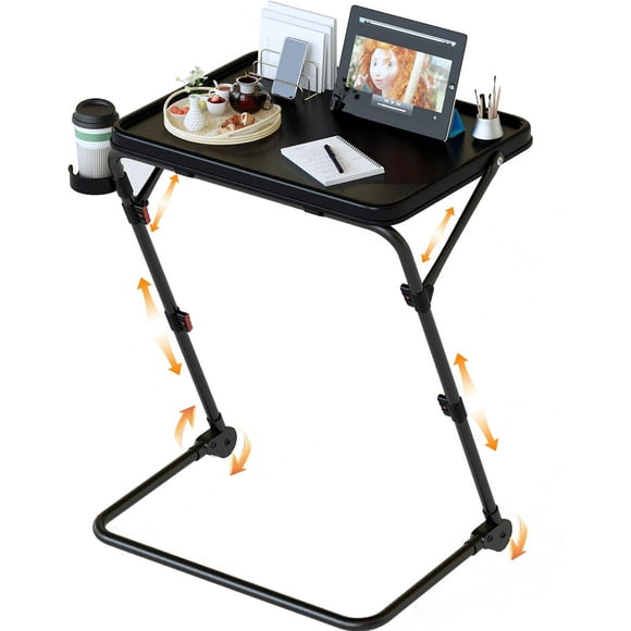 Mesa Plegable Rectangular Ajustable con Soporte para Tazas, Negro, 20.8"W x 14.7"D 19.21"H/23.82"H/25.79"H/27.8"H, Ahorro de Espacio, Alma, para Hogar u Oficina