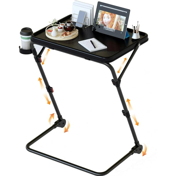 Mesa Plegable Rectangular Ajustable con Soporte para Tazas, Negro, 20.8"W x 14.7"D 19.21"H/23.82"H/25.79"H/27.8"H, Ahorro de Espacio, Alma, para Hogar u Oficina
