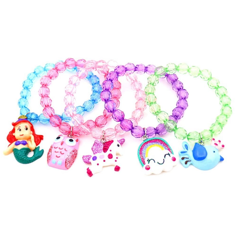 5pc Mermaid Bracelet, Unicorn Bracelet, Little Girl Animal Bracelets, Teens Kids Owl Pendant Beaded Bracelet Girl Party Favor Pretend Play Bracelet (Animal Bracelet)