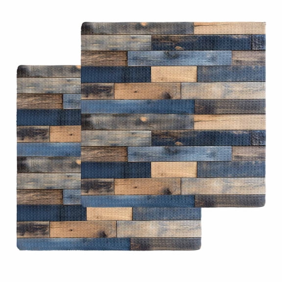 Navy Blue Brown Wood Kitchen Dish Towels for Drying Dishes Set of 2, Farmhouse Vintage Wooden Waffle Weave Microfiber Hand Tea Bathroom Towels Quick Dry & Absorbent Towel 12x12