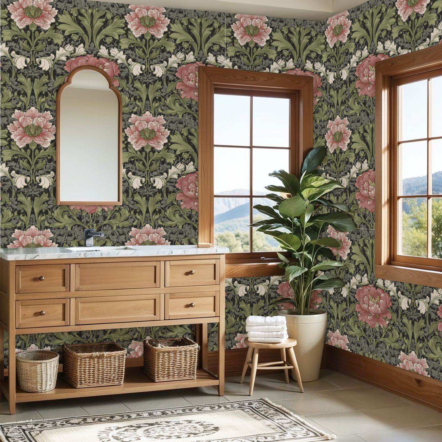 Farmhouse Peel and Stick Wallpaper Vintage Floral Peonies Ornate Leaves Dark Wall Mural 23.6in x 9.8ft Self Adhesive Removable Wall Paper Renter Friendly Wallpaper for Nursery Bedroom Cabinets