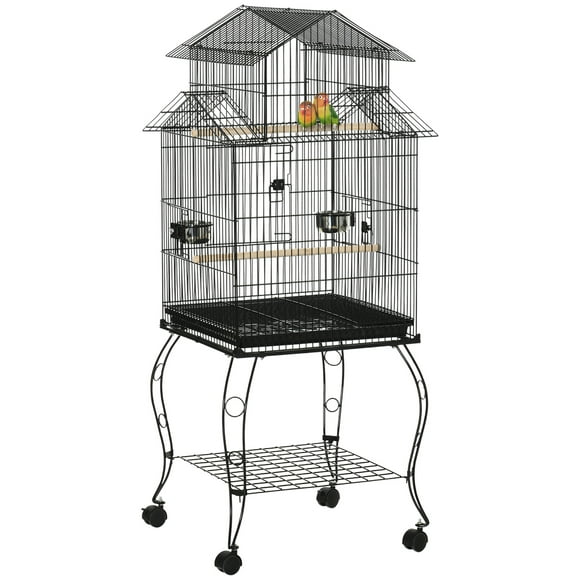 PawHut 53.9'' Large Rolling Steel Bird Cage Bird House with Wheels, Black