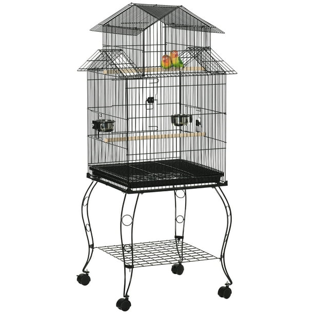 PawHut 53.9'' Grande Cage à Oiseaux en Acier Roulant Oiseau Maison avec Roues, Noir