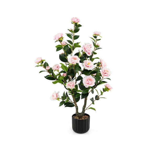 Barara King 38 Inch Artificial Camellia Topiary Plant with in Cement Pot, Faux Plants Decorative for Patio, Garden, Front Door, Balcony, Backyard, Pink