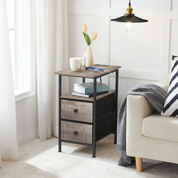 HOOBRO End Table with Charging Station, Narrow Side Table, Nightstand with 2 Non-Woven Drawers, Slim Sofa Side Table, for Small Spaces, Living Room, Bedroom, Greige and Black BG486UBZ01