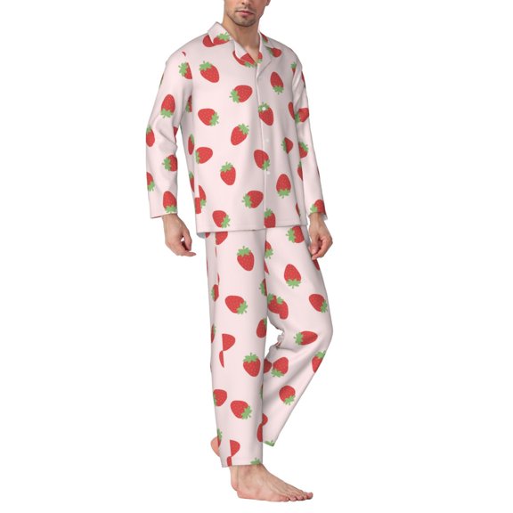 Mens Pajamas Set - Funny Strawberry Pink Comfy Long Sleeve Button Up Pajama Sets for Men 2 Piece, Soft Sleepwear Nightwear Pjs Lounge Sets for Men with Pockets