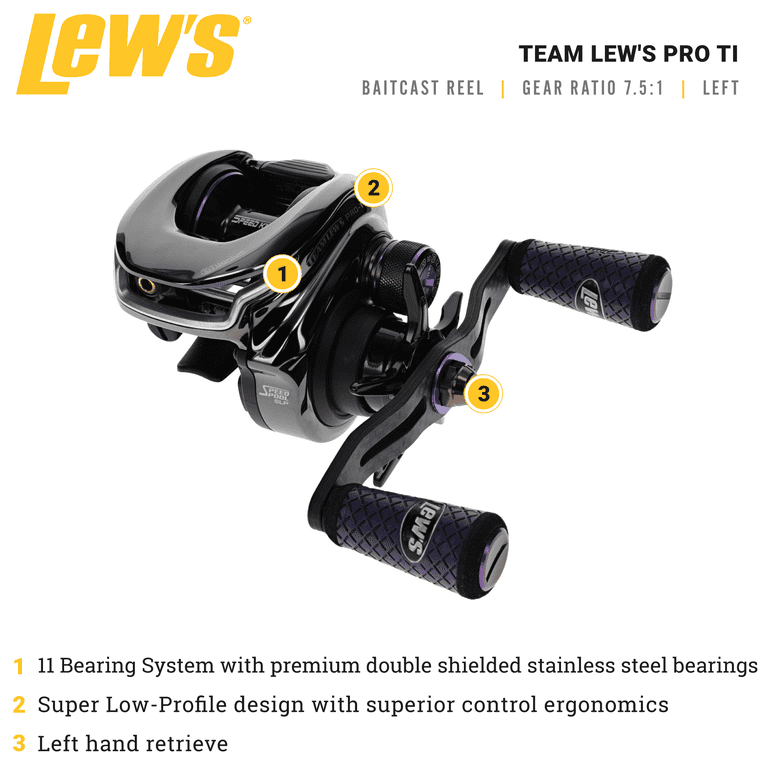 Lew's Team Lew's Pro-Ti Baitcast Reel, 10+1 Stainless Steel Ball Bearings,  7.5:1 Gear Ratio, Left-Hand Retrieve, Titanium Gray/Purple 