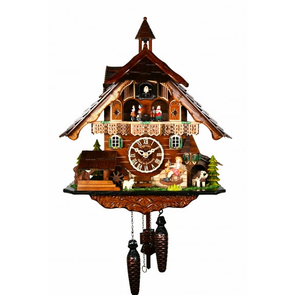 Quartz Cuckoo Clock Black forest house with music and dancers, moving seesaw