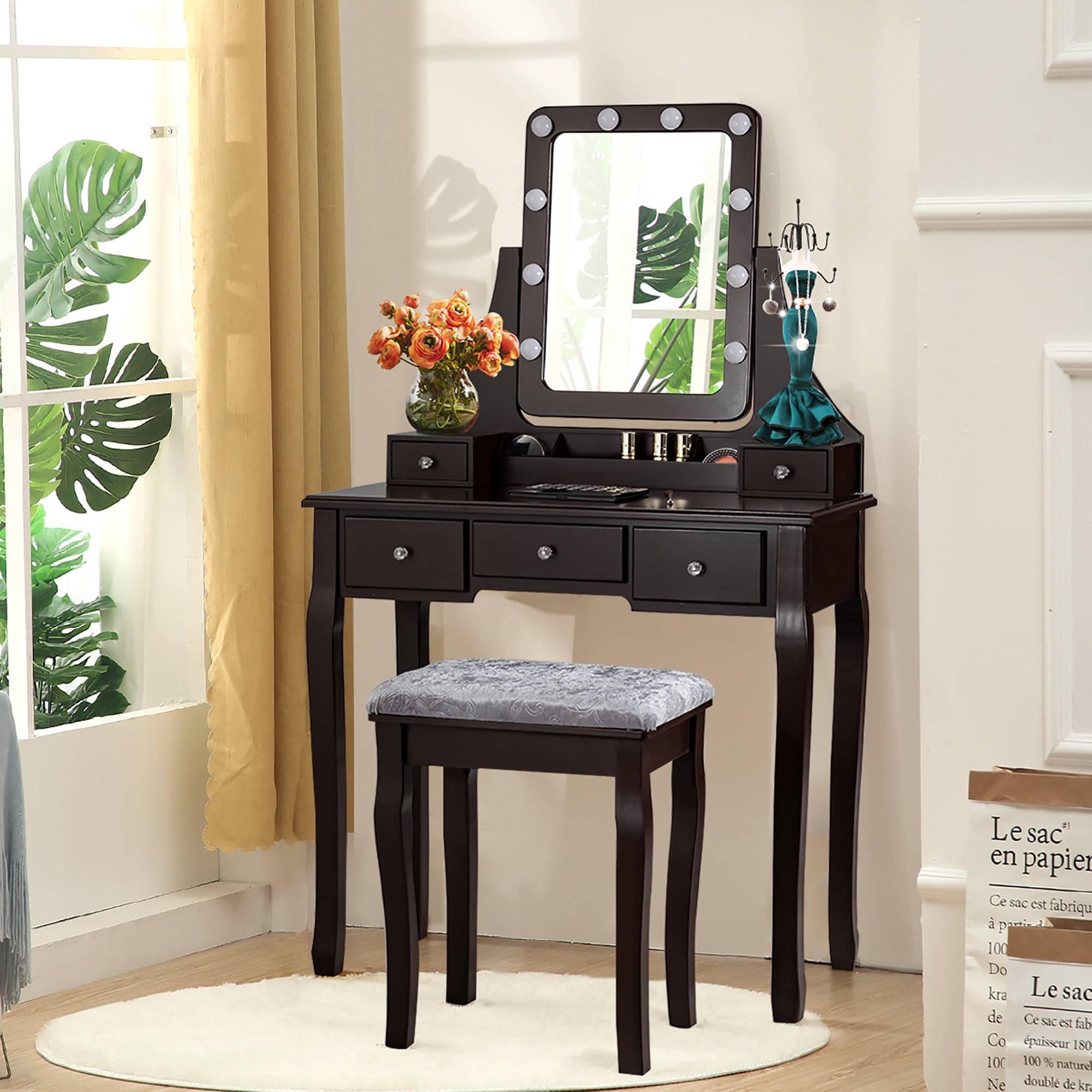 Costway Vanity Dressing Desk Table Set w/ 10 Dimmable Bulbs Touch Switch  Cushion Stool, Brown - Walmart.com
