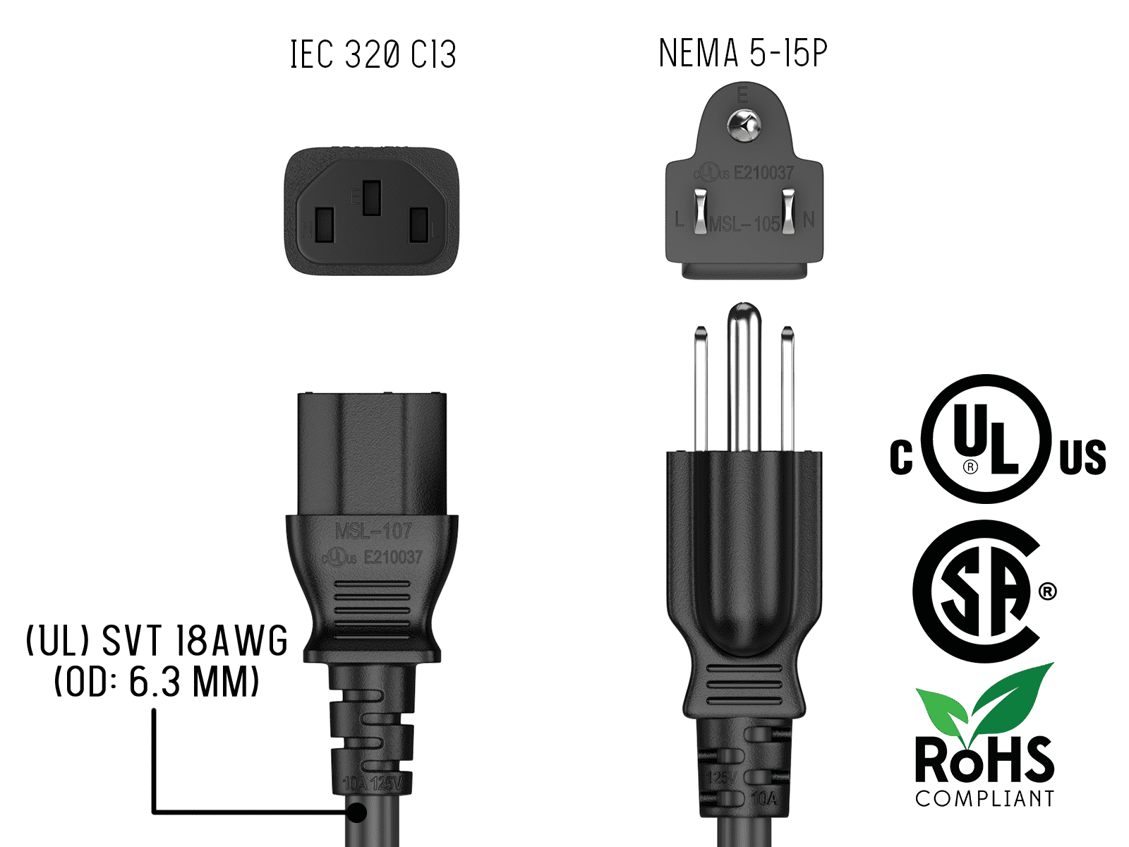 Cable Leader 25ft 18 AWG Universal Power Cord (IEC320 C13 to NEMA 5-15P)