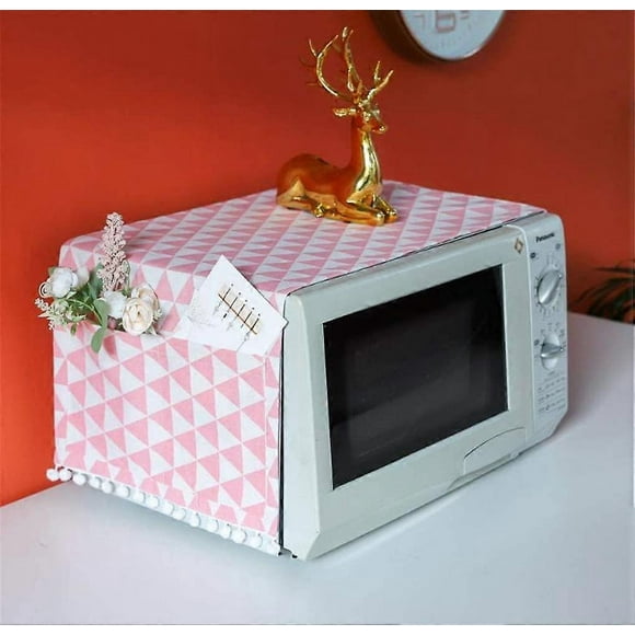 Microwave Oven Cover Dust Oil Proof Cloth with Storage Pockets Cotton Linen Kitchen Toaster Appliance Protector (Pink Triangle)