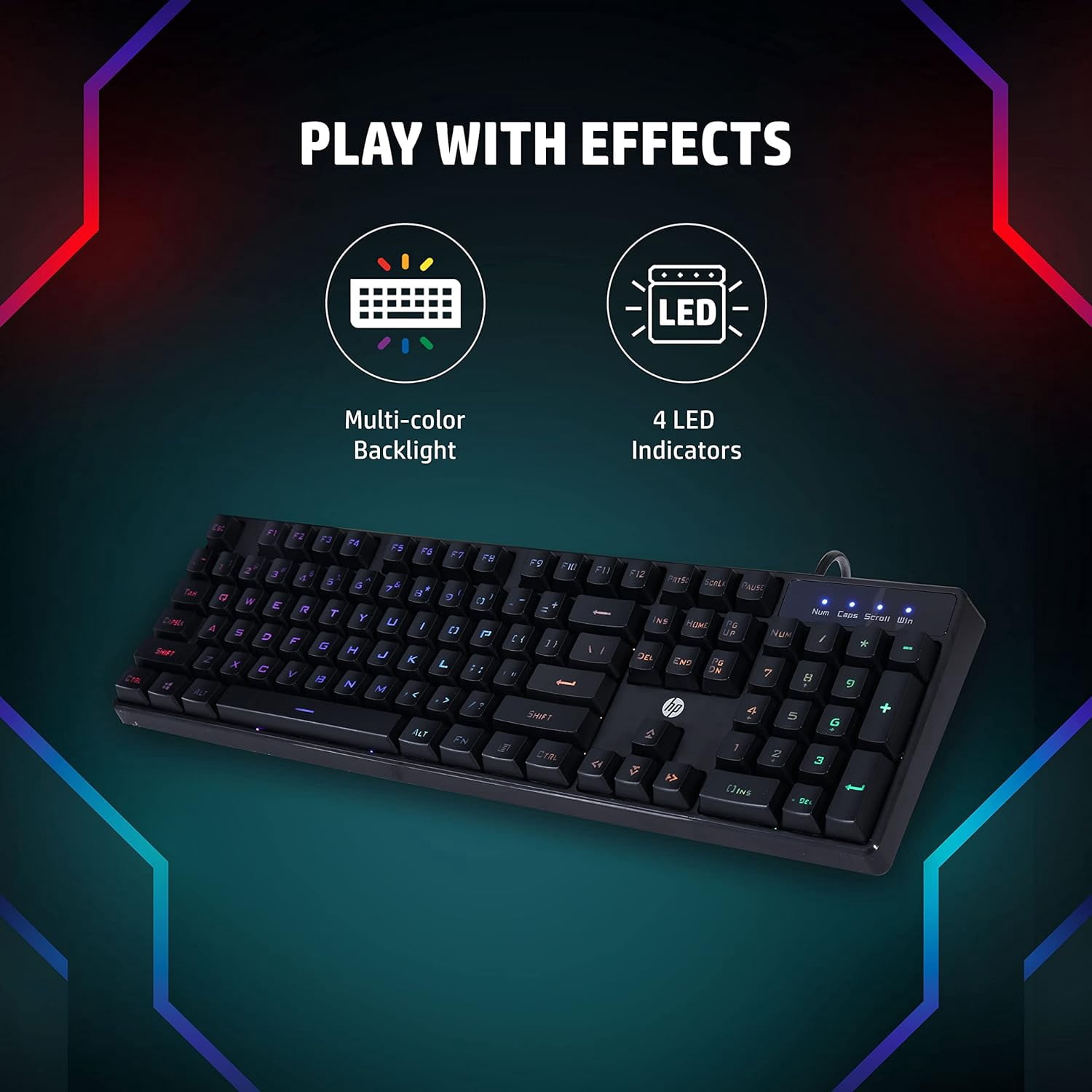 HP K300 Backlit Membrane Wired Gaming Keyboard with Mixed Color Lighting, 4 LED Indicators, Matte Finish Double Injection Key Caps and Windows Lock Key